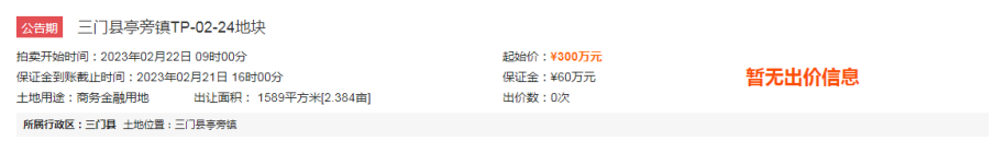 300万起！三门县亭旁镇商务金融地块2月网拍