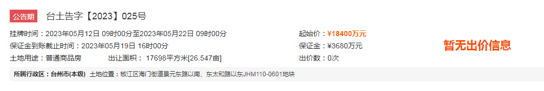 1.84亿起！椒江城东JHM110-0601地块5月网拍