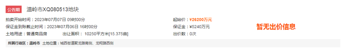 26200万元起！温岭银泰城旁！原停车场约15亩地块7月网拍