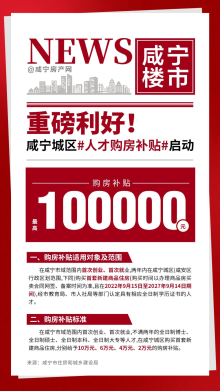 好消息！咸宁城区人才购房补贴启动啦！最高补贴100000元！