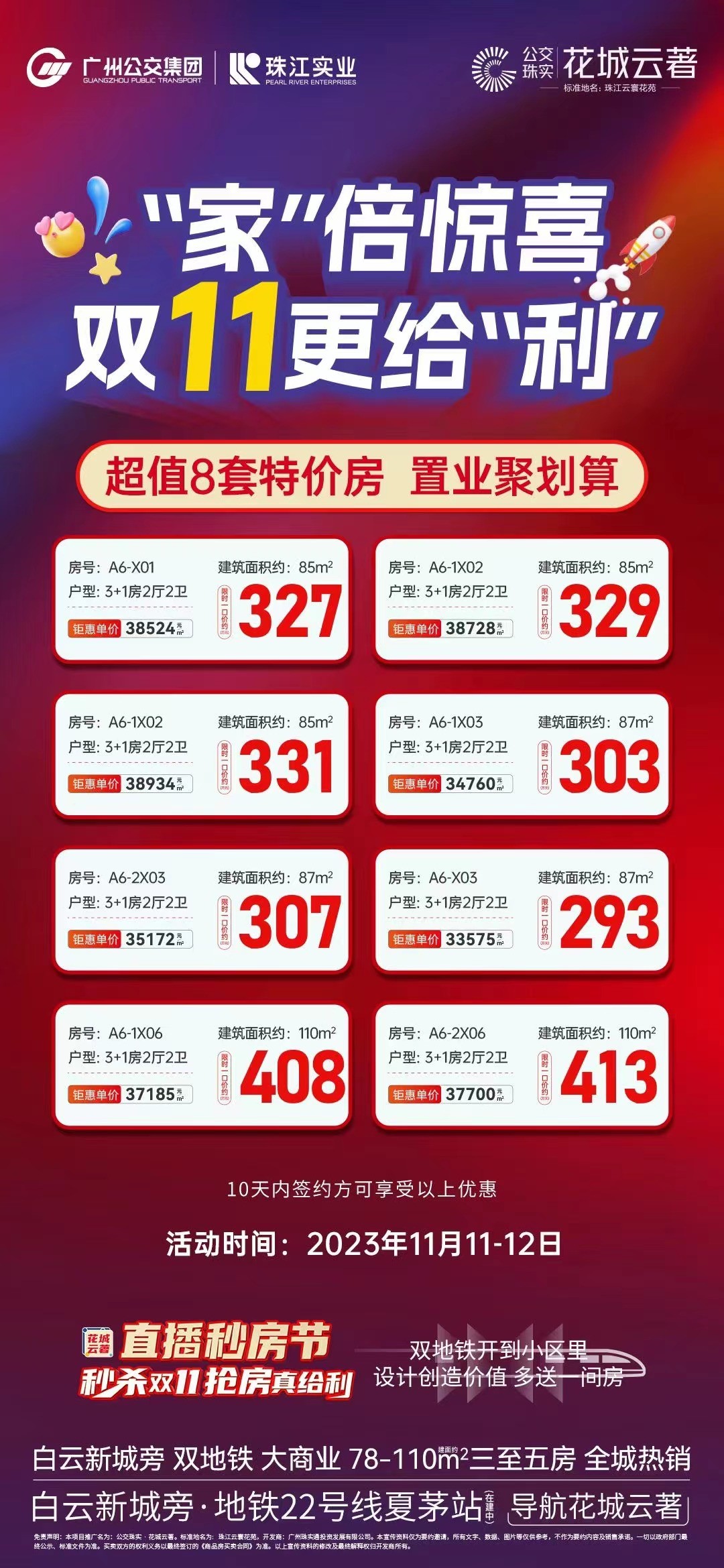 【公交珠实花城云著】“家”倍惊喜 双11更给"利” 超值8套特价房 总价29X万起-广州楼盘网