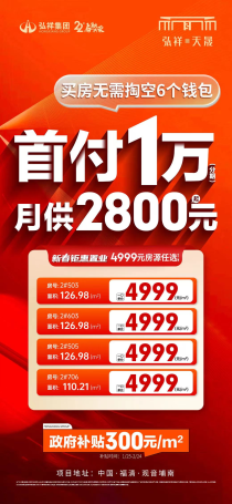 弘祥天晟首付1万分期轻松付购房政府补贴300元/㎡