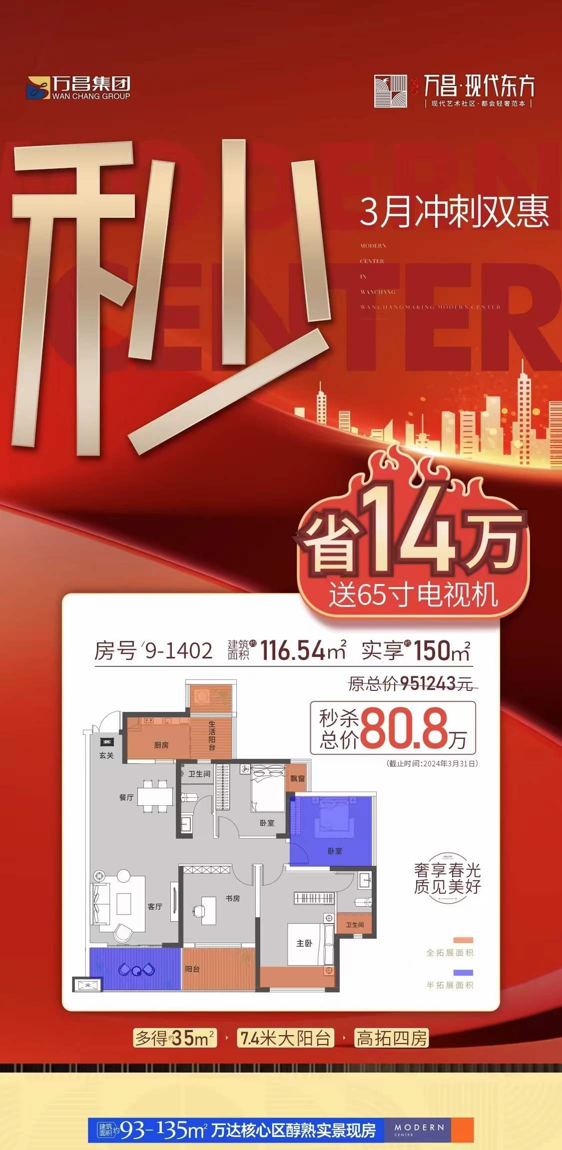 正南向7.4米阳台大四房一口价 力省14万?➕65寸电视机 #万昌·现代东方