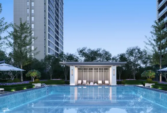 如东绿城明月江南在售中，均价13800元/平方米，园区配置无边室外泳池！