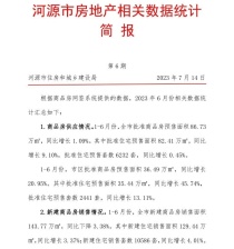 河源房地产数据，今年1-6月河源市区新建住宅销售套数4603套