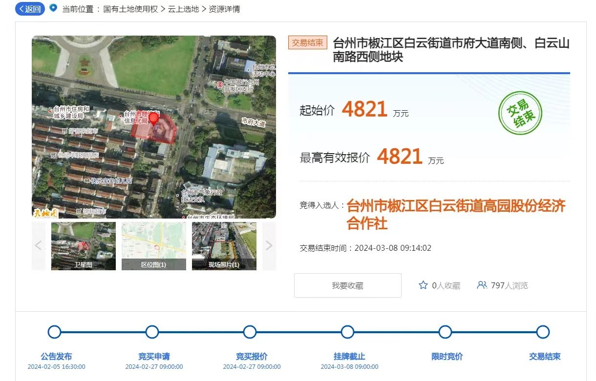 台州市政府对面地块成功出让，楼面价约5458元/㎡