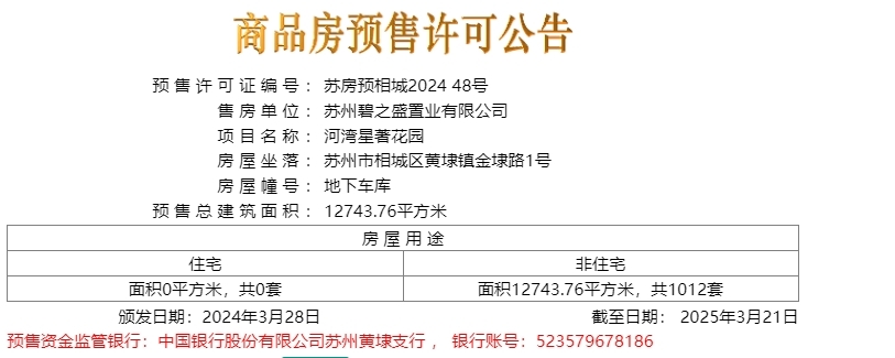 河湾星著花园于2024.03.28新领预售许可证一张