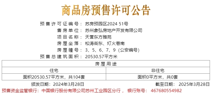 天誉东方雅苑于2024.03.28终于领领预售许可证