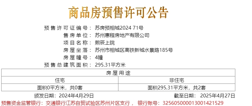 熙辰上院​于2024.4.29日领预售许可证一张