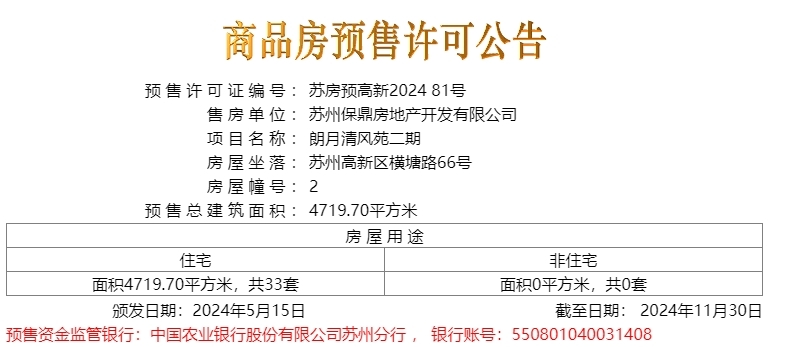 朗月清风苑二期于2024.5.15新领预售许可证一张