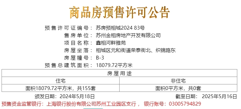 鑫相河畔雅苑于2024.5.18新领预售许可证一张
