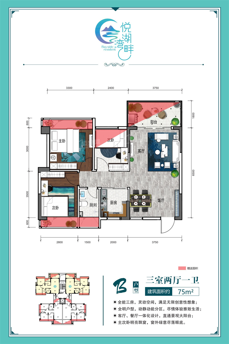 江门悦湖湾畔3室2厅1卫户型图-江门楼盘网