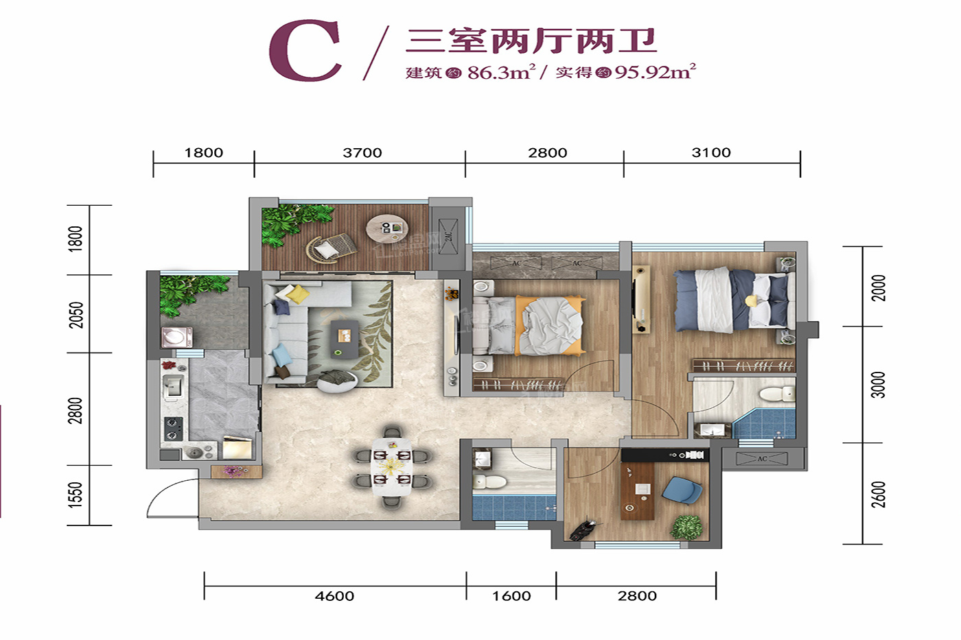 达州紫云府3室2厅2卫户型图-达州楼盘网