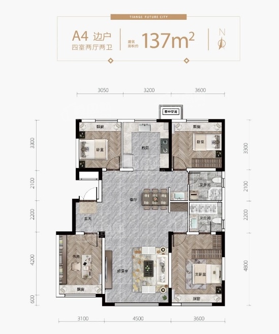 盘锦天格·未来城4室2厅2卫户型图-盘锦楼盘网