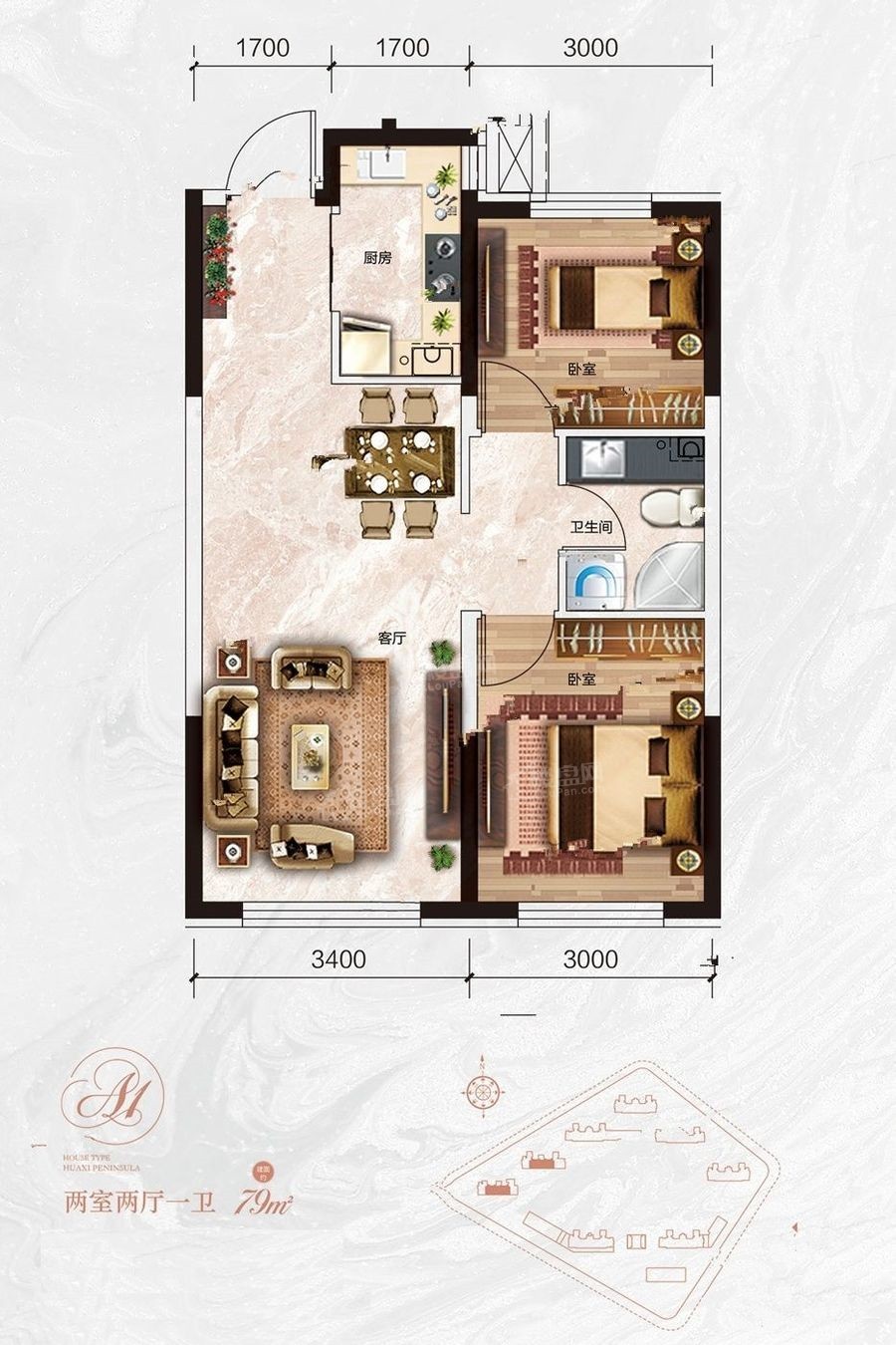 哈尔滨汇龙·花溪半岛3室2厅1卫户型图-哈尔滨楼盘网