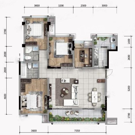 C4套内105户型， 4室2厅2卫1厨， 建筑面积约122.00平米
