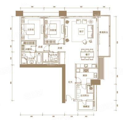 T5-L29-7号房户型， 2室2厅2卫1厨， 建筑面积约197.00平米