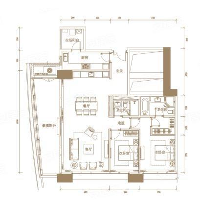 T5-L16-4号房户型， 2室2厅2卫1厨， 建筑面积约198.00平米