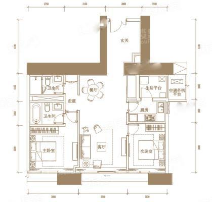 T5-L11-3号房户型， 2室2厅2卫1厨， 建筑面积约120.00平米