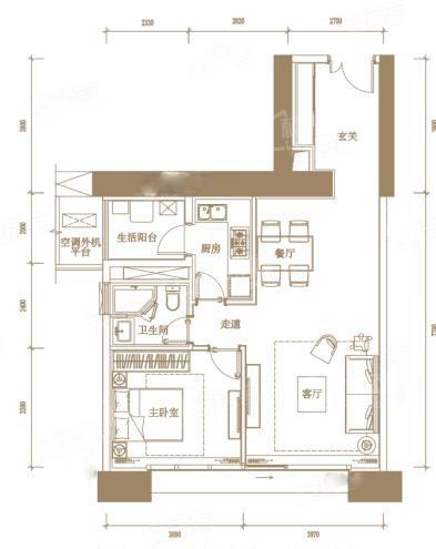 T5-L20-2号房户型， 1室2厅1卫1厨， 建筑面积约92.00平米
