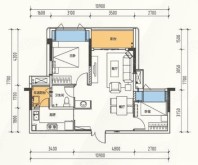 套内约57㎡A户型， 2室2厅1卫1厨， 建筑面积约69.00平米