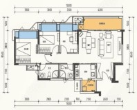 套内约78㎡E户型， 3室2厅2卫1厨， 建筑面积约90.00平米