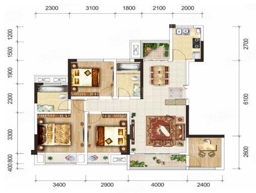 E3户型套内84.79㎡， 4室2厅2卫1厨， 建筑面积约116.32平米