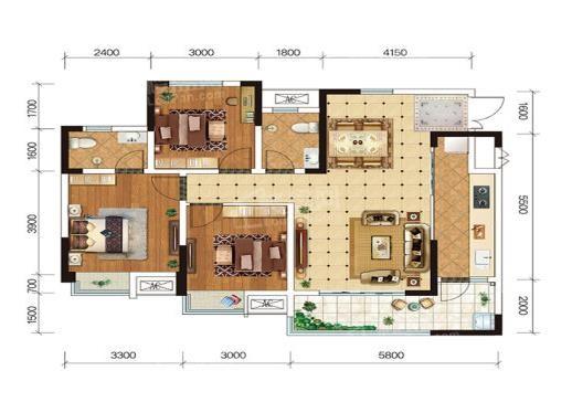 A1户型套内89㎡， 3室2厅2卫1厨， 建筑面积约111.00平米
