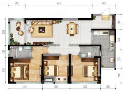 E户型套内106㎡， 3室2厅2卫1厨， 建筑面积约135.00平米