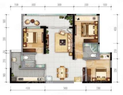 B户型套内102㎡， 3室2厅2卫1厨， 建筑面积约129.00平米