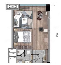 D户型套内33.80㎡， 1室1厅1卫1厨， 建筑面积约47.18平米