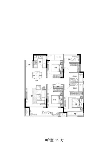 时代·春语花庭D户型118㎡ 4室2厅2卫1厨