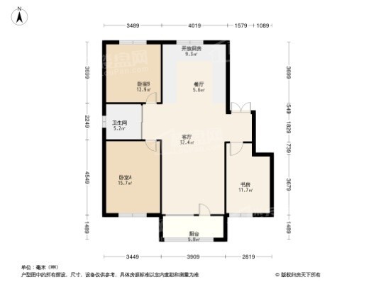 泽信依山郡二期105㎡户型 3室2厅1卫1厨