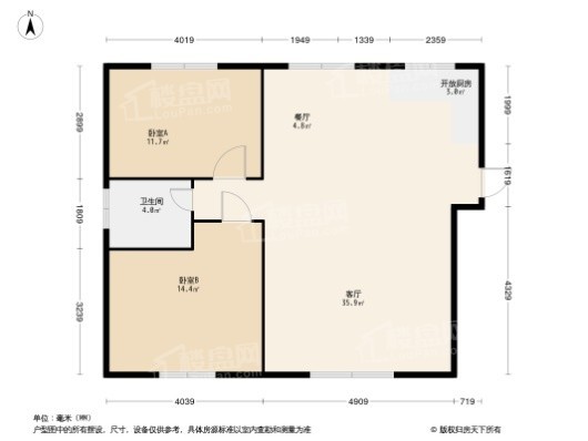 苏宁·悦兰湾C户型 2室2厅1卫1厨