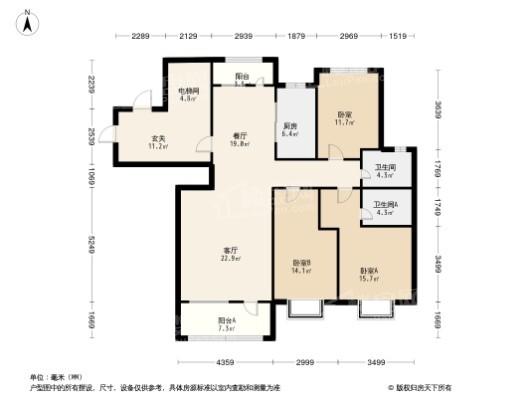 外滩3号10号楼J户型 3室2厅2卫1厨