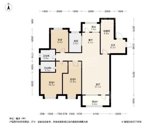 外滩3号10号楼H户型 3室2厅2卫1厨