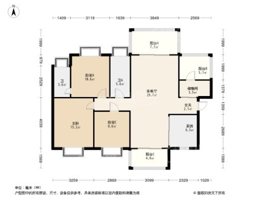 碧桂园滨江府B户型 3室2厅2卫1厨