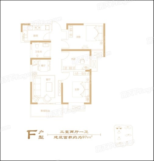 科弘·国风龙樾F户型 3室2厅1卫1厨