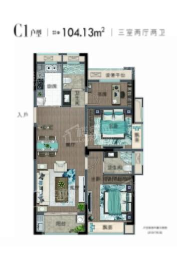 步阳·东港华府C1户型 建面约104.13㎡ 3室2厅2卫1厨