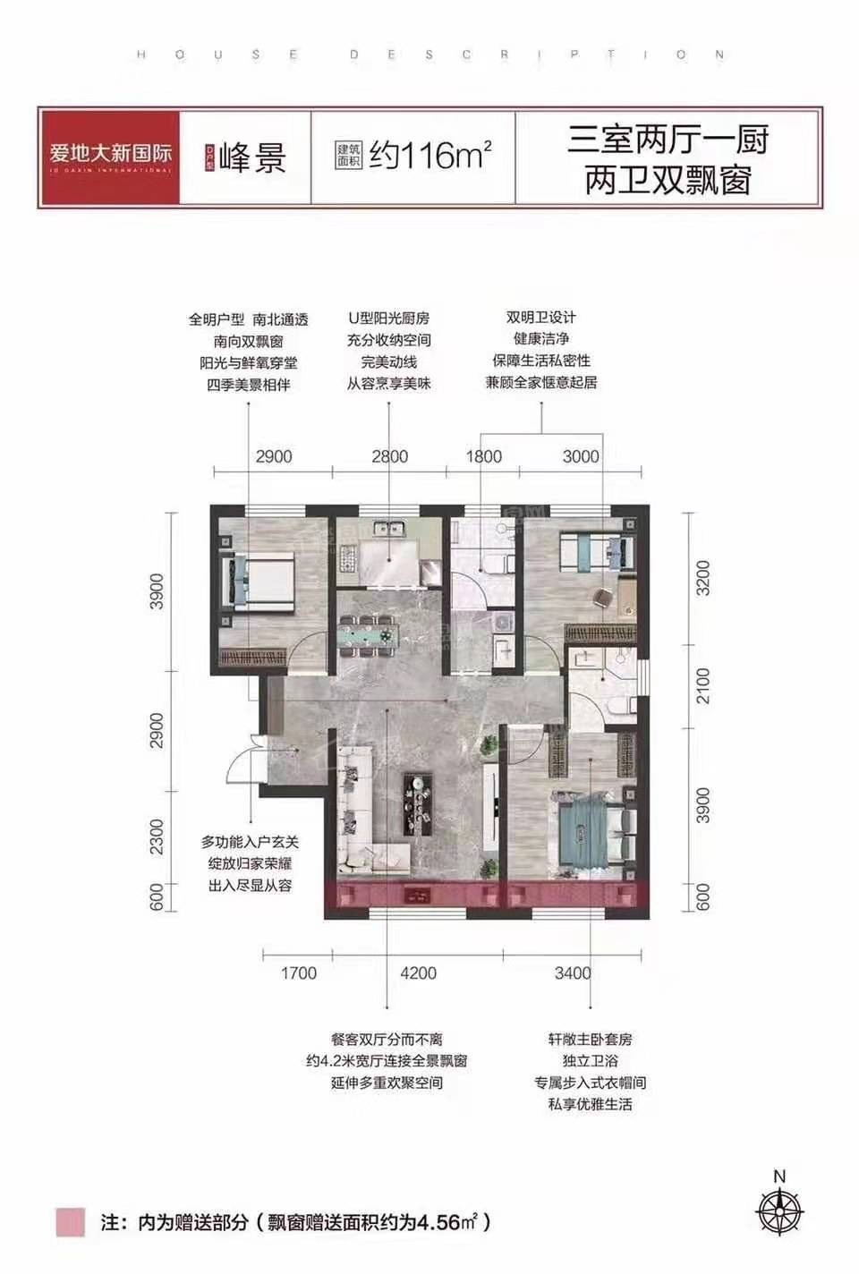 爱地大新国际 D户型 峰景 建面约116㎡ 3室2厅2卫