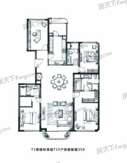 凯德星贸邸T1塔楼标准层T1F户型家配图233（四室两厅三卫） 4室2厅3卫1厨