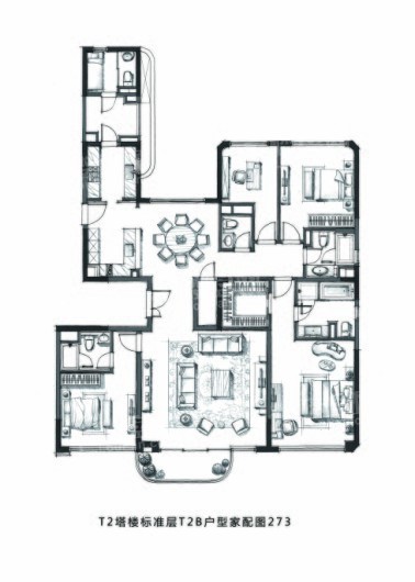 凯德星贸邸T2塔楼标准层T2B户型家配图255（四室两厅四卫） 4室2厅4卫1厨