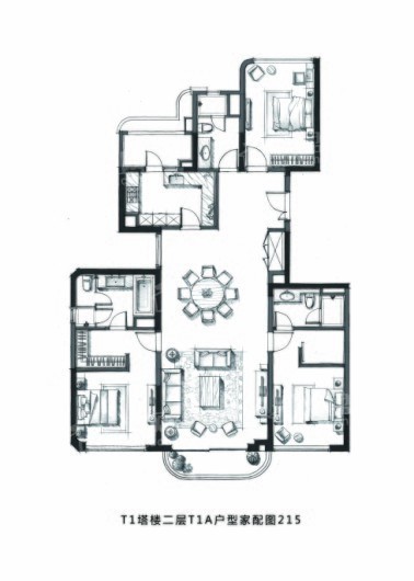 凯德星贸邸T1塔楼二层T1A户型家配图200（三室两厅三卫） 3室2厅3卫1厨
