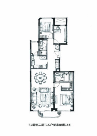 凯德星贸邸T1塔楼二层T1C户型家配图145-149（三室两厅两卫） 3室2厅2卫1厨