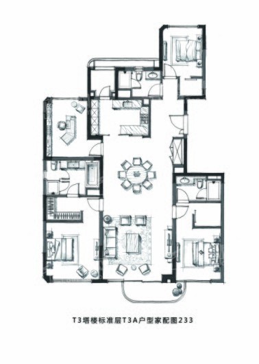 凯德星贸邸T3塔楼标准层T3A户型家配图217（四室两厅三卫） 4室2厅3卫1厨