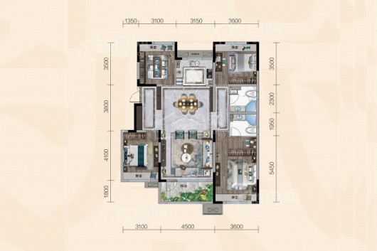 荣盛华府洋房B3户型 4室2厅2卫1厨