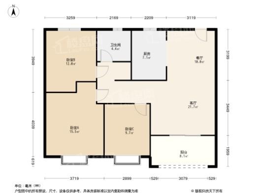 沈北吾悦广场105㎡户型1 3室2厅1卫1厨