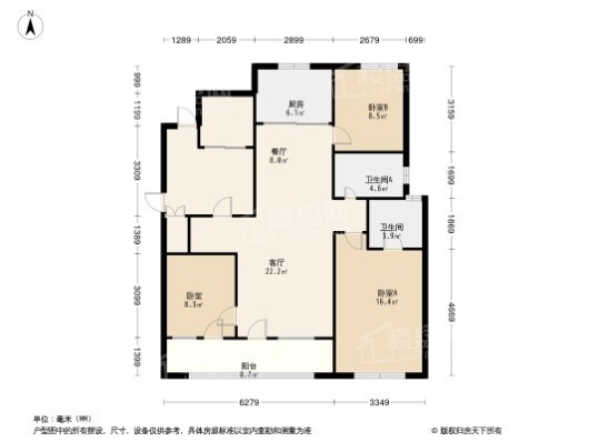 万科城小高层B1户型 3室2厅2卫1厨