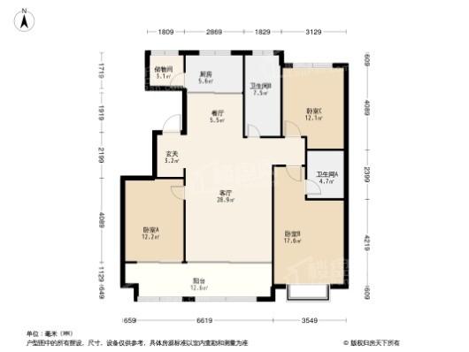 紫金园天骄水岸E户型 3室2厅2卫1厨