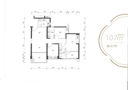 鸿荣源·壹成中心璞誉府11区4栋01户型107㎡ 3室2厅2卫1厨